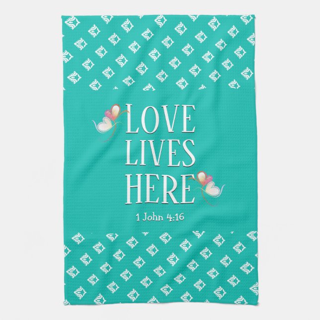 Aqua | LOVE LIVES HERE | Stylish Customisable Tea Towel (Vertical)