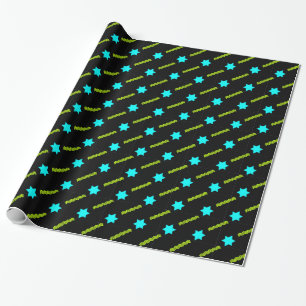 Aqua Magen David, Neon Green Streamers on Black Wrapping Paper