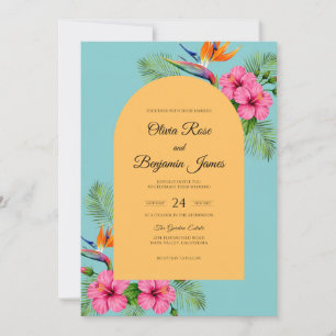 Aqua Magenta Hibiscus Eucalyptus Wedding Invitation