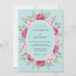 Aqua Magenta Wreath Wedding Invitation