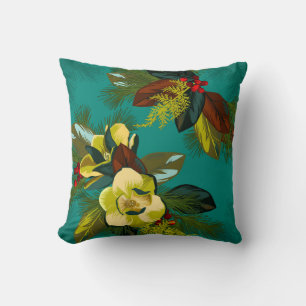 Aqua Magnolia Floral Print Winter Throw Pillow