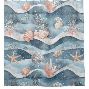 Aqua Marine Starfish Coral Pattern Shower Curtain