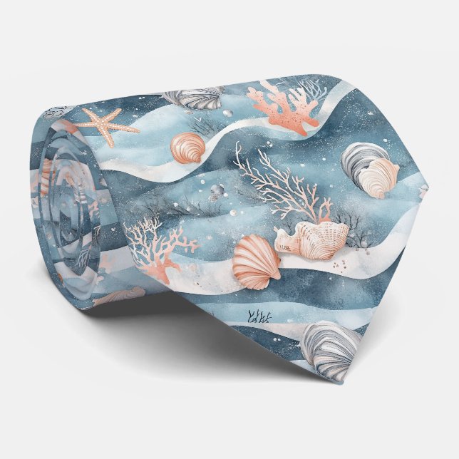 Aqua Marine Starfish Coral Pattern Tie (Rolled)
