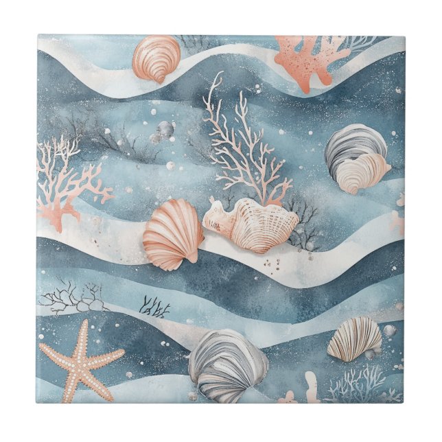 Aqua Marine Starfish Coral Pattern Tile (Front)