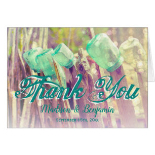 Aqua Mason Jars Fence Post Wedding Thank You Cards