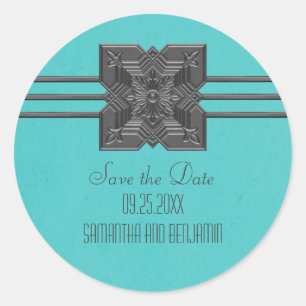 Aqua Medallion Border Save the Date Stickers
