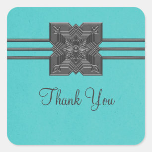 Aqua Medallion Border Thank You Stickers