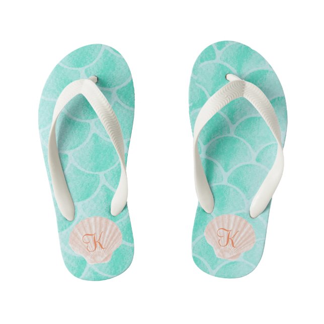 Aqua Mermaid Scales | Seashell Custom Initial Kid's Jandals (Footbed)