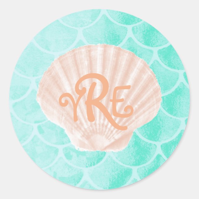 Aqua Mermaid Scales | Seashell Monogram Classic Round Sticker (Front)