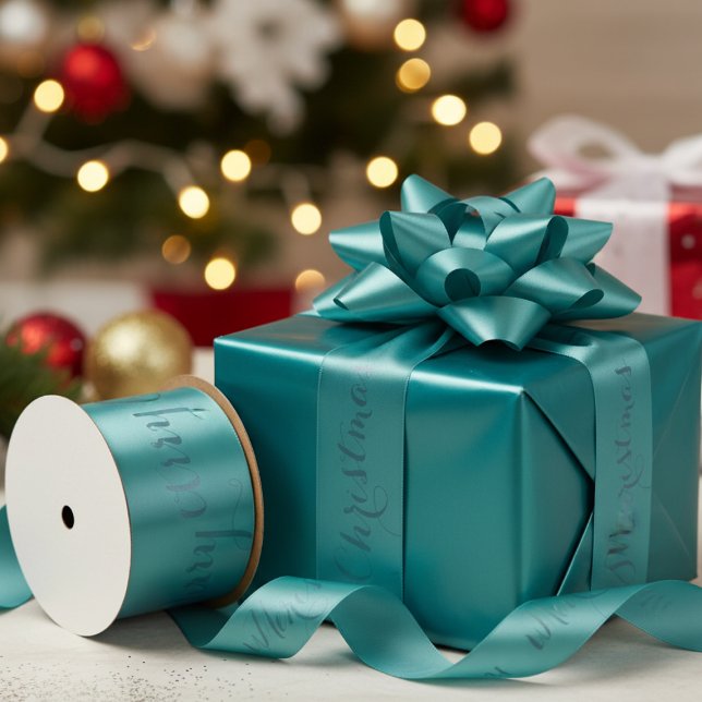 Aqua Merry Christmas ribbon Satin Ribbon (Aqua teal holiday ribbon)