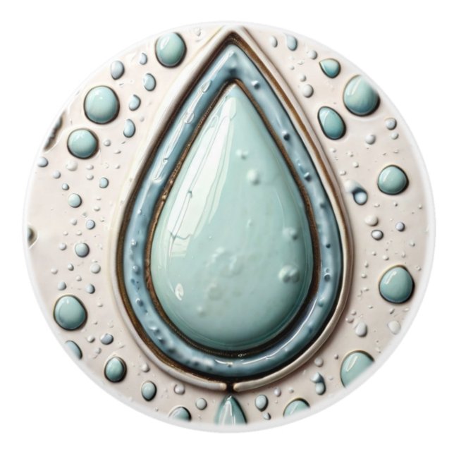 Aqua Mint Blue & White Water Drop Bathroom Ceramic Knob (Front)
