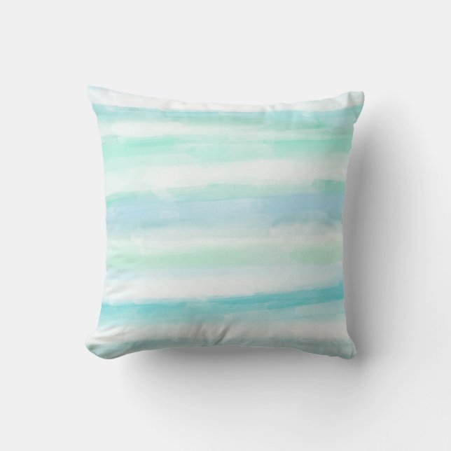 Aqua Mint Blue White Watercolor Stripes Cushion (Front)