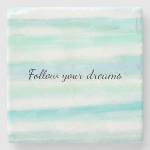 Aqua Mint Blue White Watercolor Stripes Stone Coaster