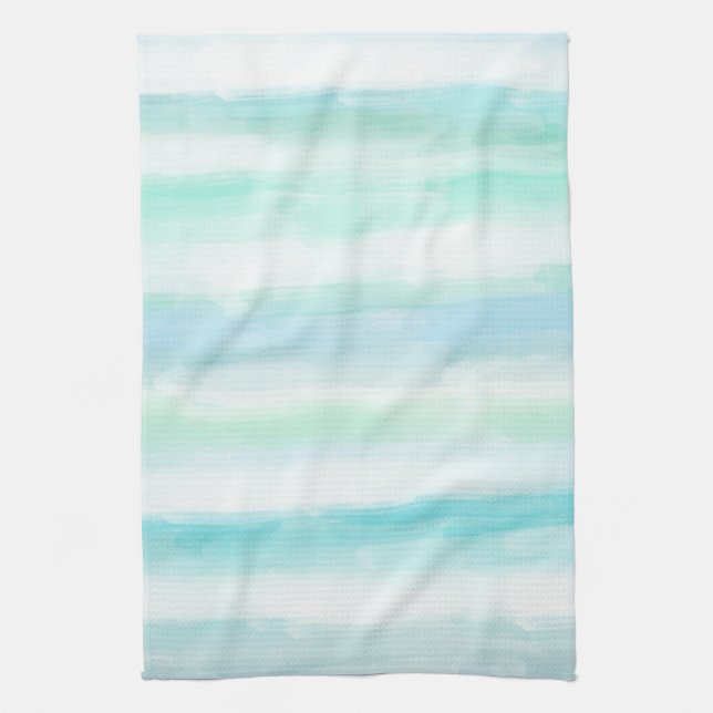 Aqua Mint Blue White Watercolor Stripes Tea Towel (Vertical)