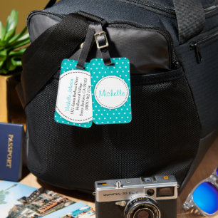 Aqua mint flower polka dots named luggage tag