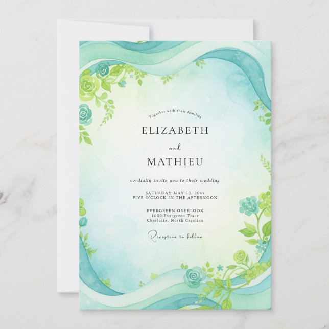 Aqua Mint Foliage Grey Eucalyptus Wedding Invitation (Front)