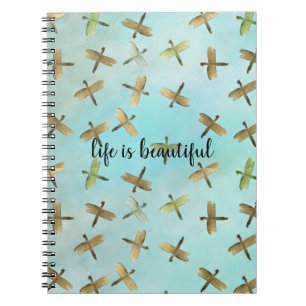 Aqua Mint Gold Dragonflies Watercolor personalized Notebook