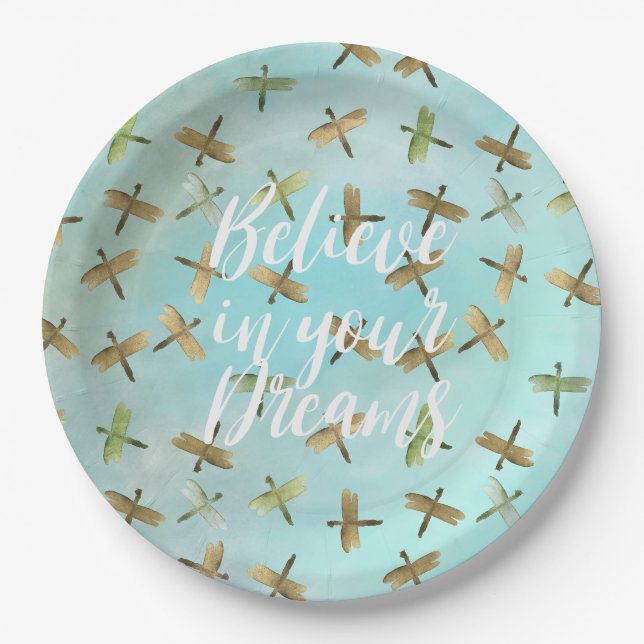 Aqua Mint Gold Dragonfly Believe in Dreams Paper Plate (Front)