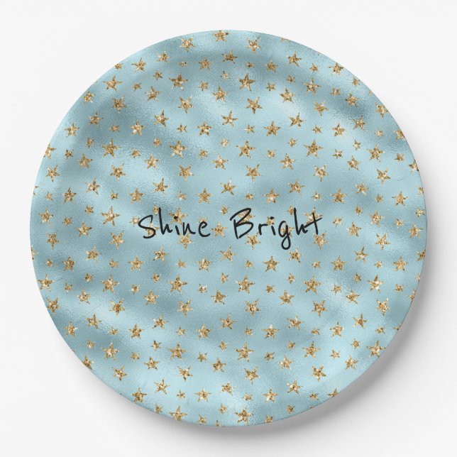 Aqua Mint Gold Glitter Stars Paper Plate (Front)