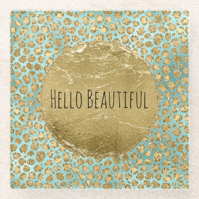 Aqua Mint Gold Glitz Glitter Leopard        Glass Coaster (Front)