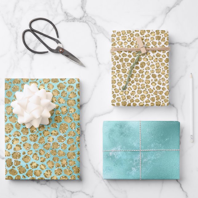 Aqua Mint Gold Glitz Glitter Leopard       Wrapping Paper Sheet (Front)