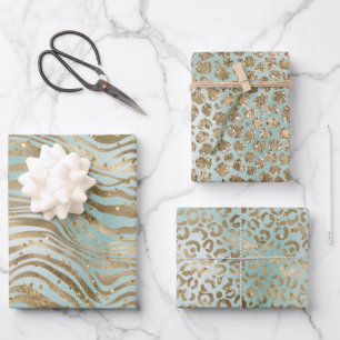 Aqua Mint Gold Glitz Sparkle Animal Prints   Wrapping Paper Sheet