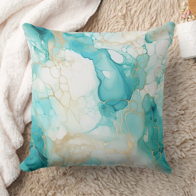 Aqua Mint Gold White Marble Cushion (Blanket)