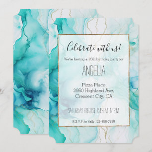 Aqua Mint Gold White Marble Invitation