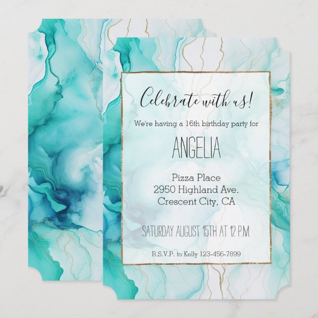 Aqua Mint Gold White Marble Invitation (Front/Back)