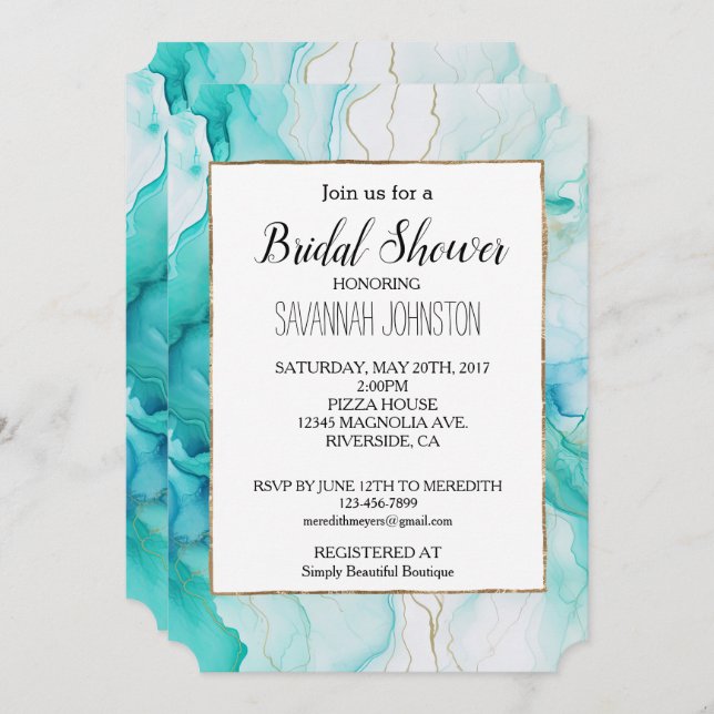 Aqua Mint Gold White Marble Invitation (Front/Back)