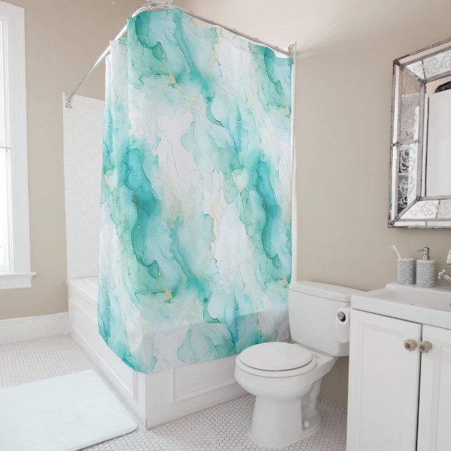 Aqua Mint Green Gold White Marble Shower Curtain (In Situ)