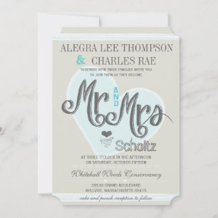 Aqua Mint Mr and Mrs Romantic Weddings Invitation