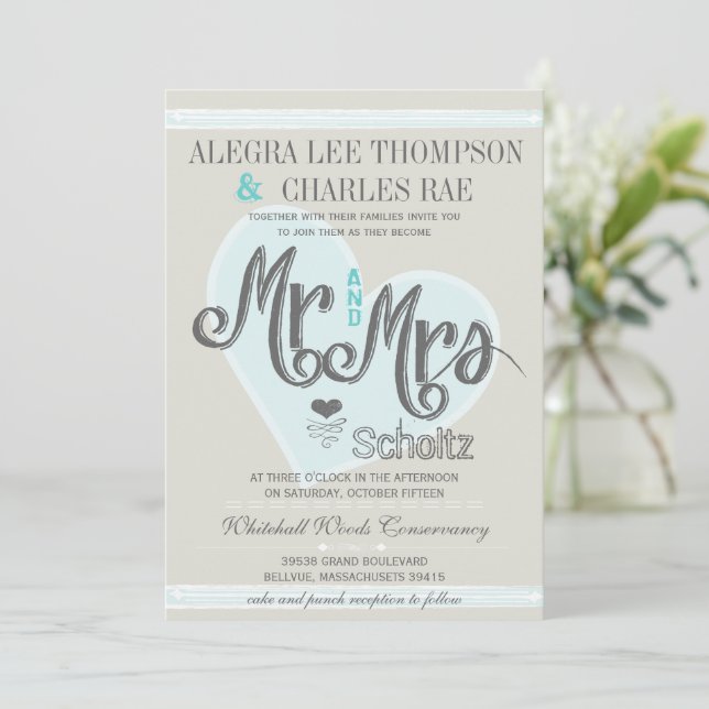 Aqua Mint Mr and Mrs Typography Weddings Invitation (Standing Front)
