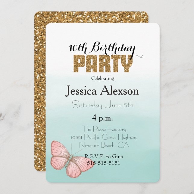 Aqua Mint Pink Butterfly Gold Glitter Invitation (Front/Back)