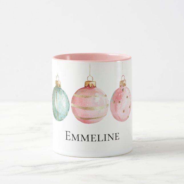 Aqua Mint Pink Gold Christmas Ornaments Name Mug (Center)