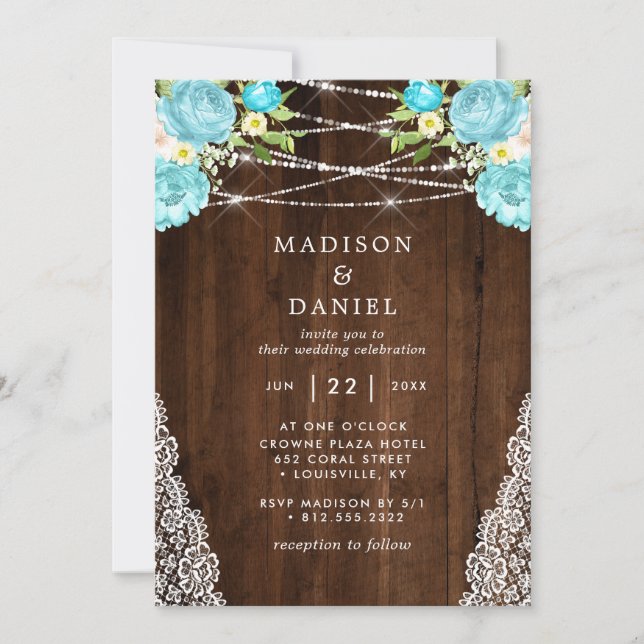 Aqua Mint Rustic Wood String Lights Floral Wedding Invitation (Front)