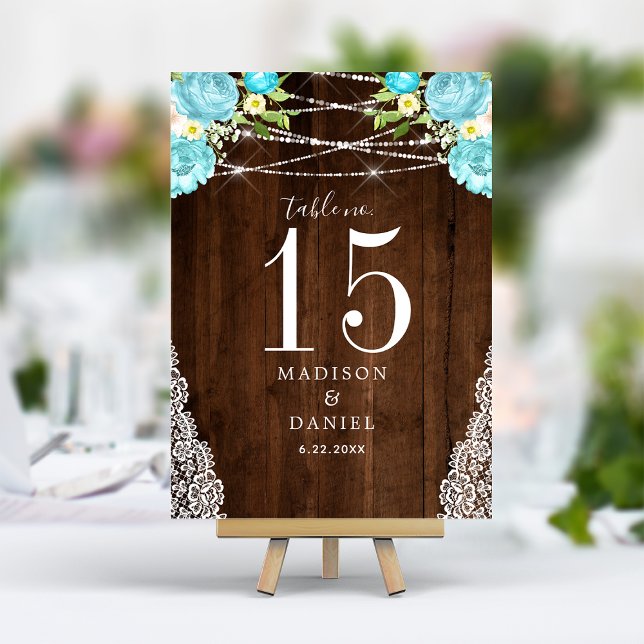 Aqua Mint Rustic Wood String Lights Floral Wedding Table Number (Creator Uploaded)