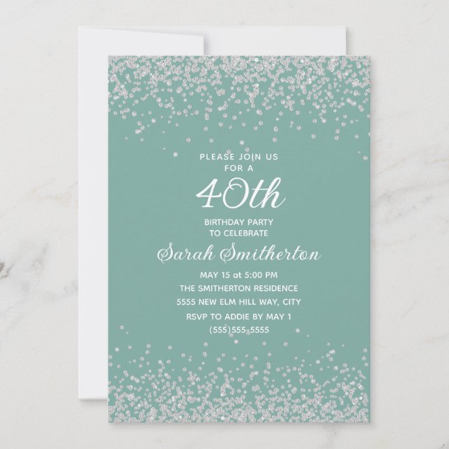 Aqua Mint Silver Diamond Glitter 40th Birthday Invitation (Front)