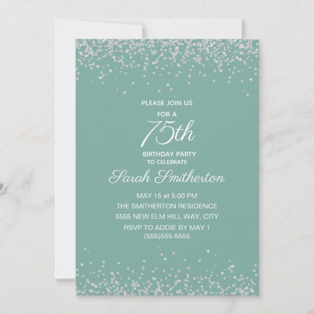 Aqua Mint Silver Diamond Glitter 75th Birthday Invitation (Front)