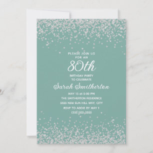 Aqua Mint Silver Diamond Glitter 80th Birthday Invitation