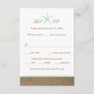 Aqua Mint Starfish Burlap Beach Wedding RSVP Cards