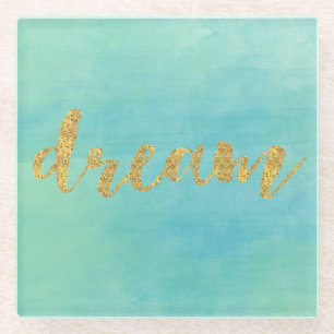 Aqua Mint Watercolor Gold Dream Glass Coaster