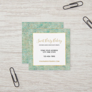 Aqua Mint Watercolor Gold Stripes Faux Glitter Square Business Card