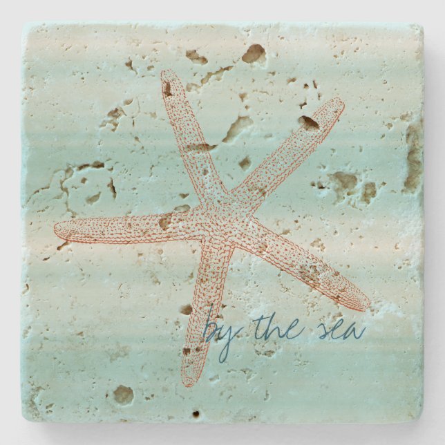 Aqua Mint White Beach Vibes Starfish     Stone Coaster (Front)