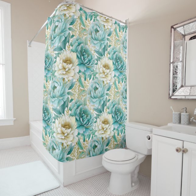 Aqua Mint White Floral Shower Curtain (In Situ)