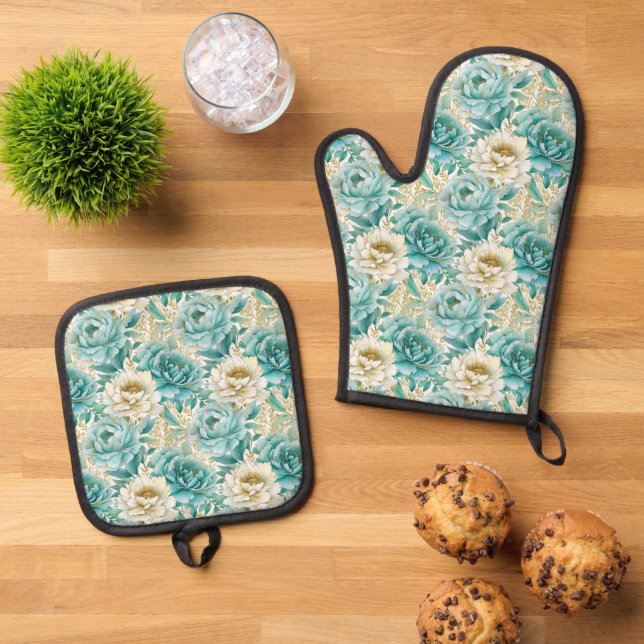 Aqua Mint White Floral Wedding Oven Mitt & Pot Holder Set (Top Down)