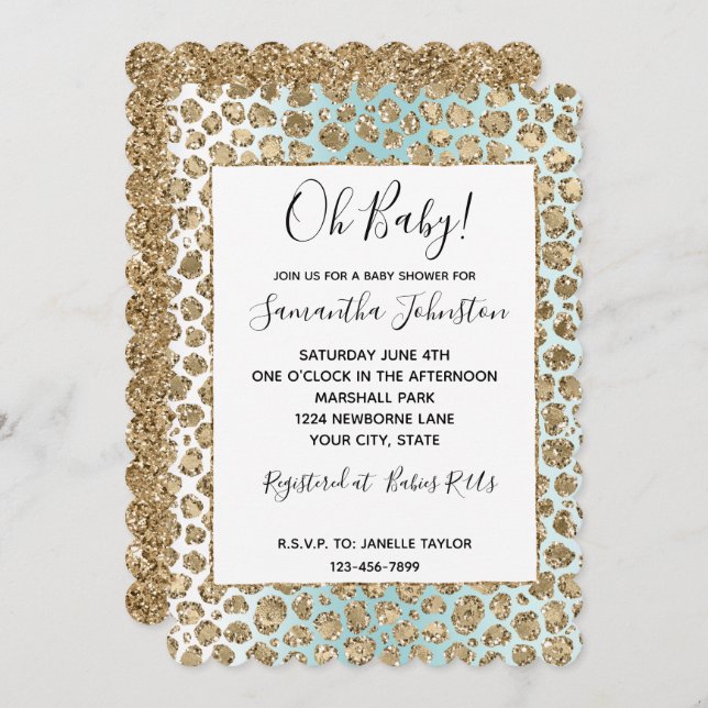 Aqua Mint White Gold Glam Glitter Leopard Invitation (Front/Back)