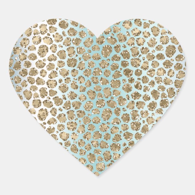 Aqua Mint White Gold Glitter Leopard   Heart Sticker (Front)
