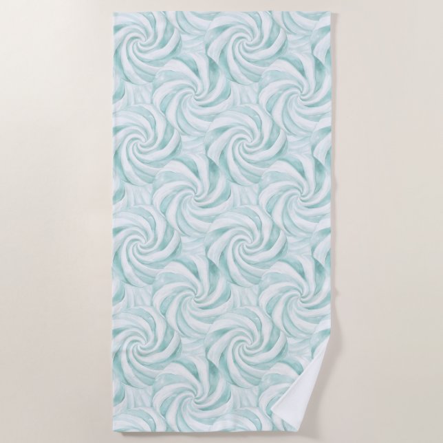 Aqua Mint White Swirls Beach Towel (Front)