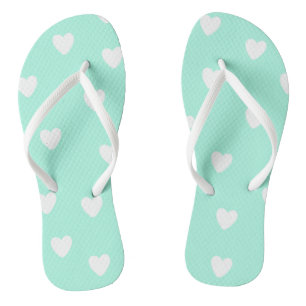 Aqua Mint with Cute White Hearts Pattern Jandals